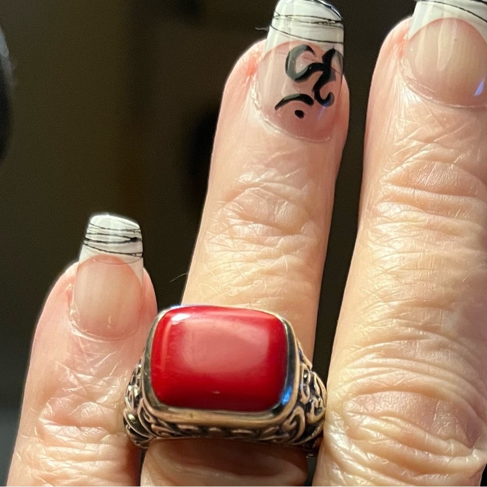 Silver 925 red coral filigree ring size 6.5